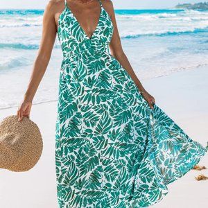 Cupshe Palm Leaf plunging V maxi dress, NWT, M